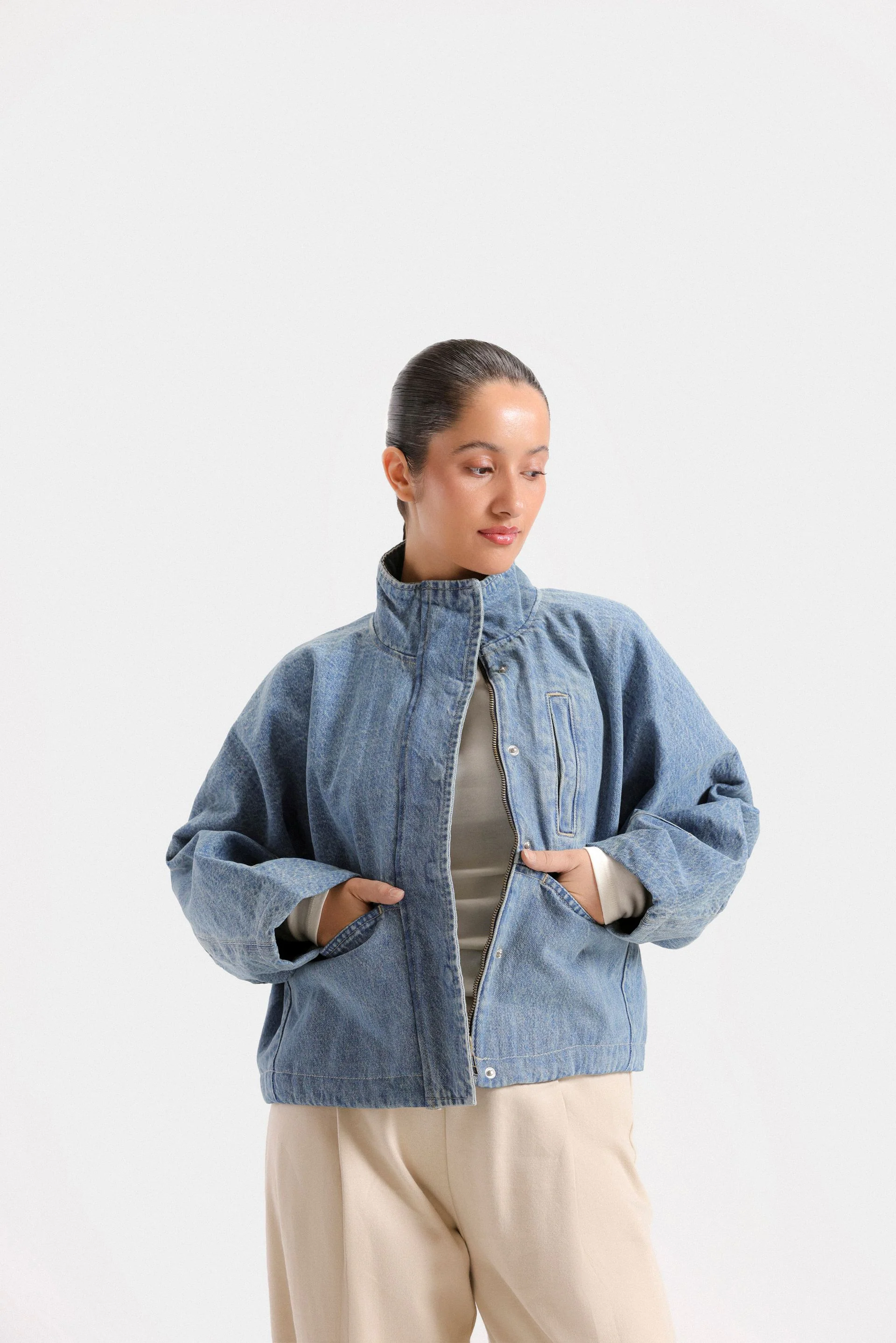 Cropped Batwing Denim Jacket - Image 2