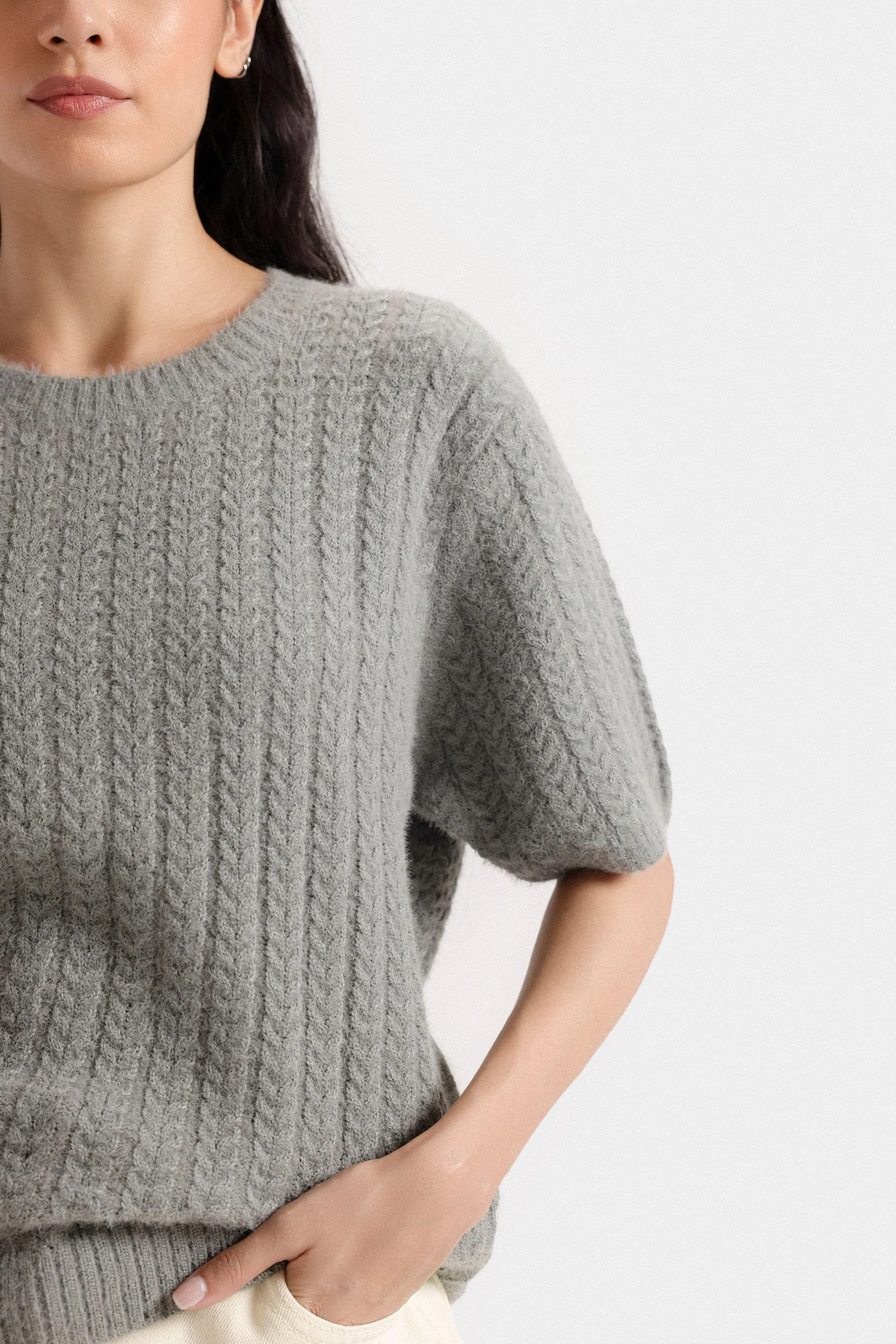 Cropped Cable Knitted Sweater - Image 2