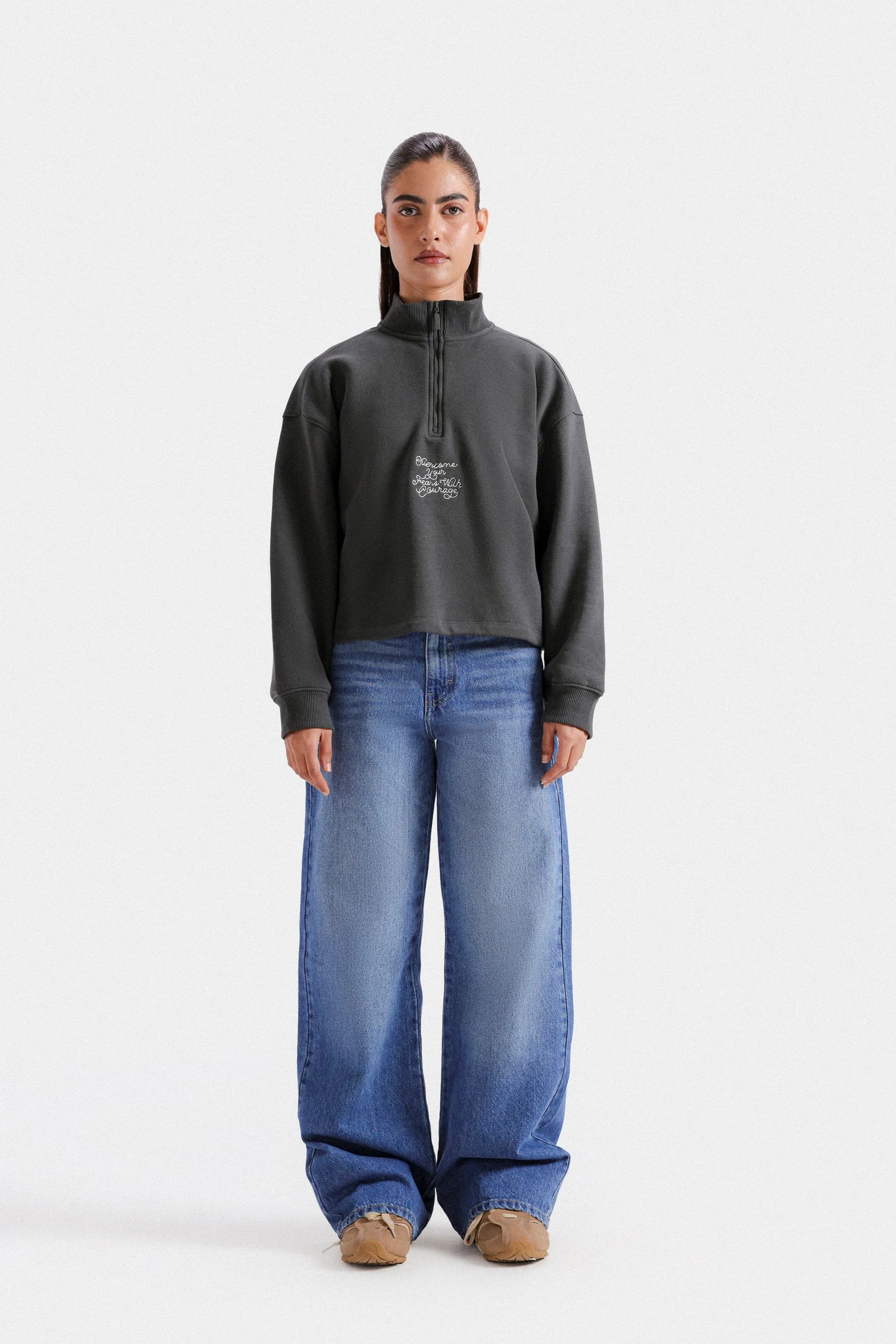 Cropped Quarter Zip-Up Sweatshirt