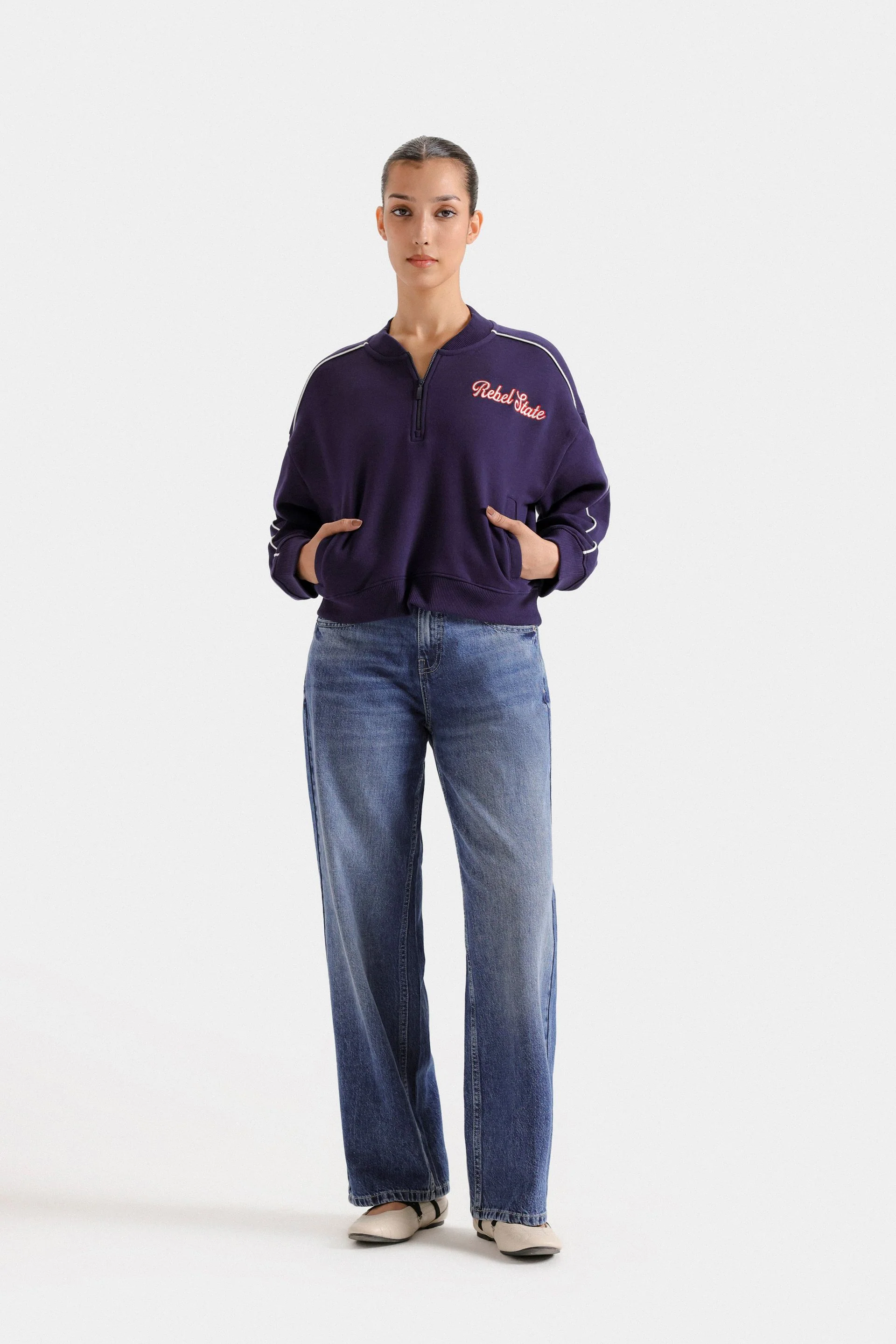 Embroidered Quarter Zip-Up Sweatshirt