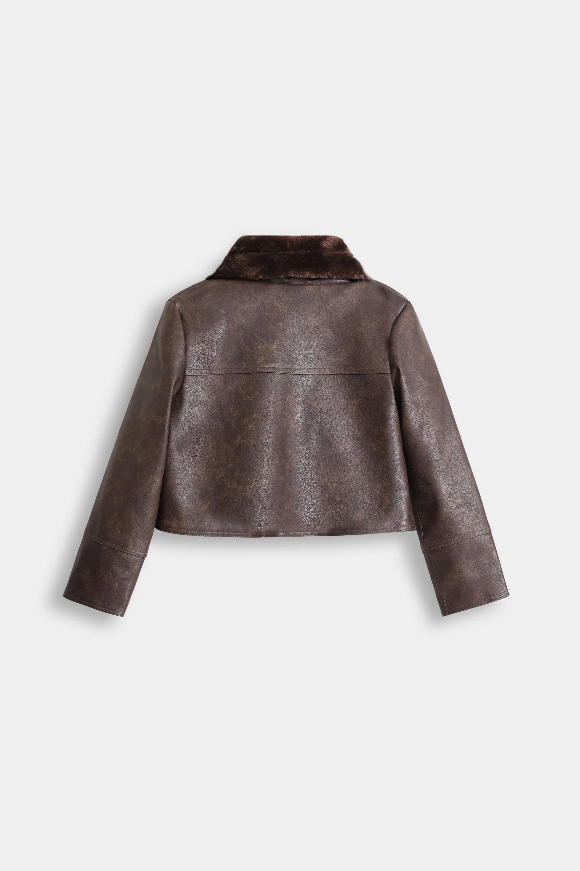Cropped Faux Leather Jacket With Sherpa Collar - Image 3
