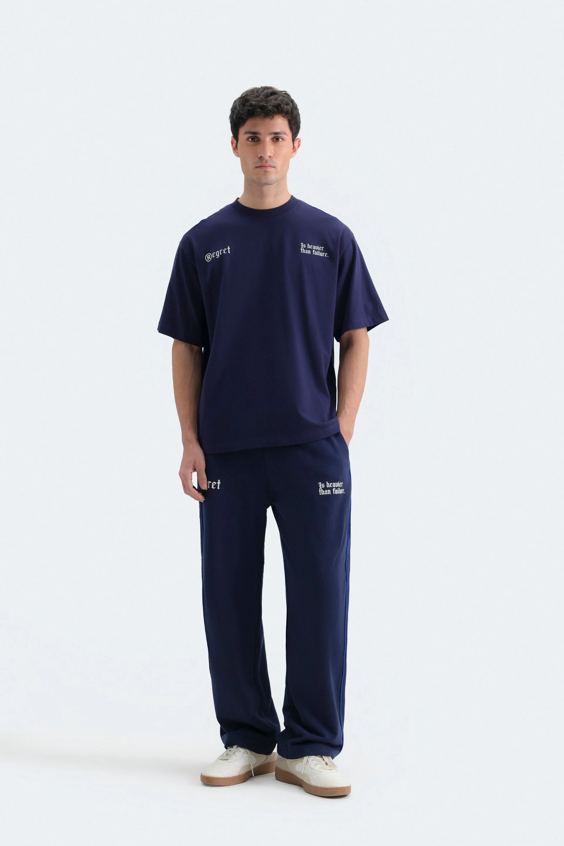 Slogan Print Trousers With Piping Detail