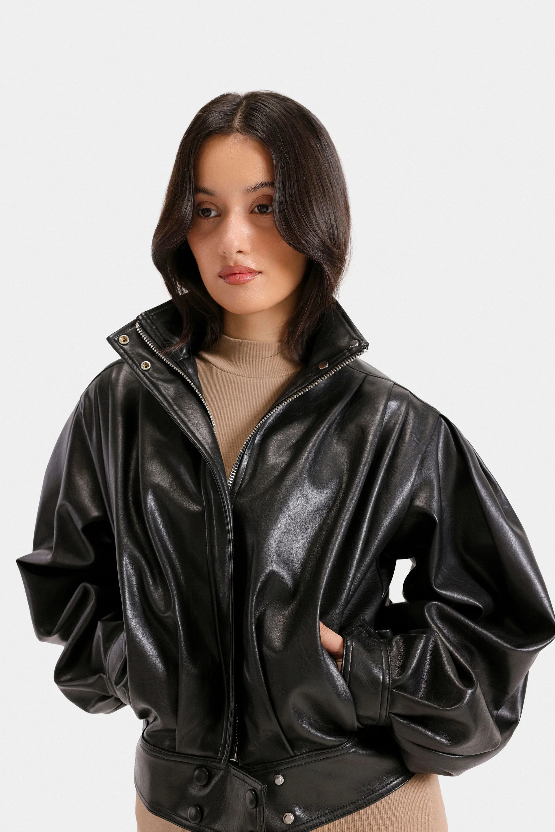 Faux Leather Bomber Jacket - Image 9