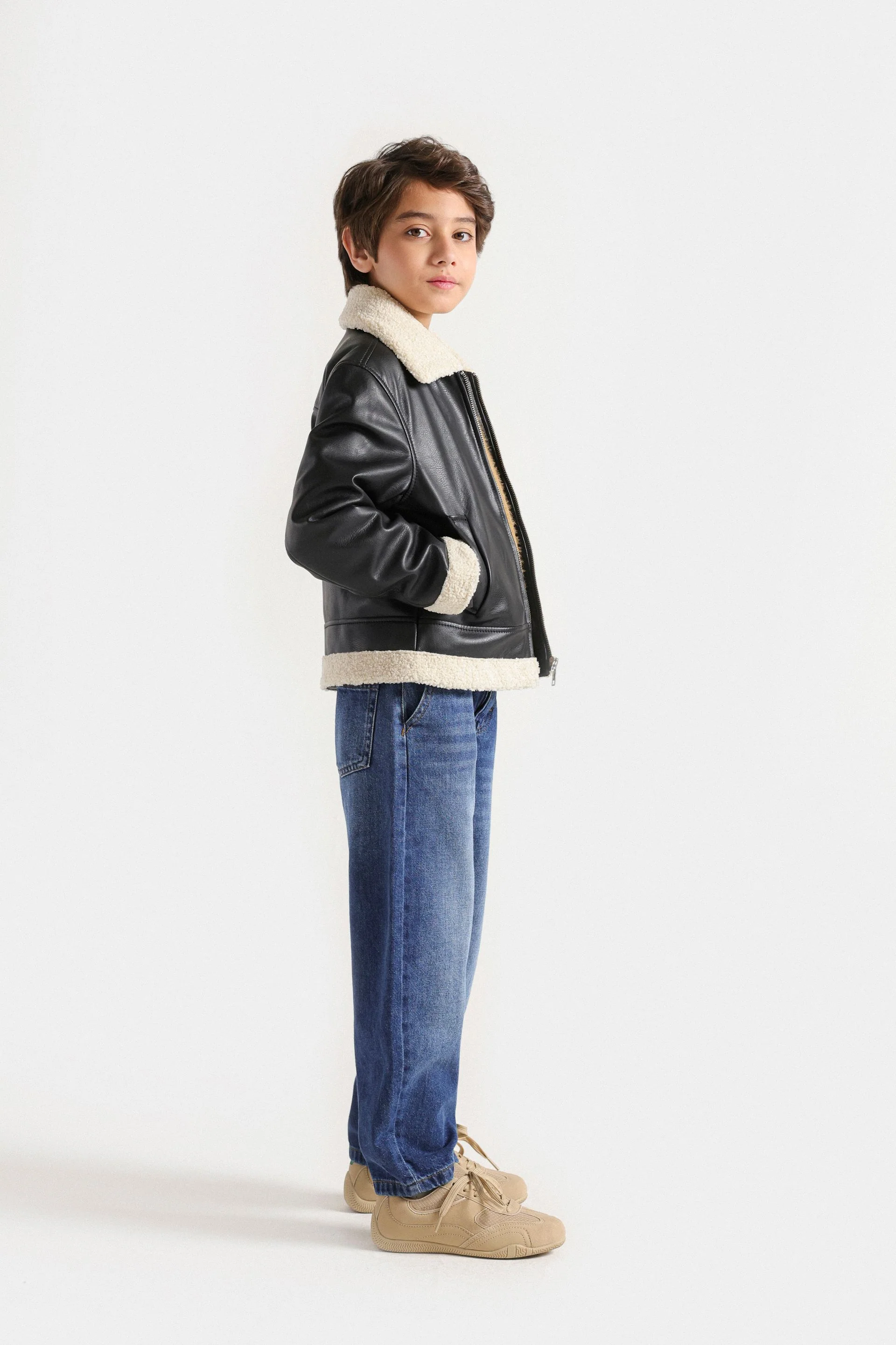 Faux Leather Jacket With Sherpa Details - Image 5