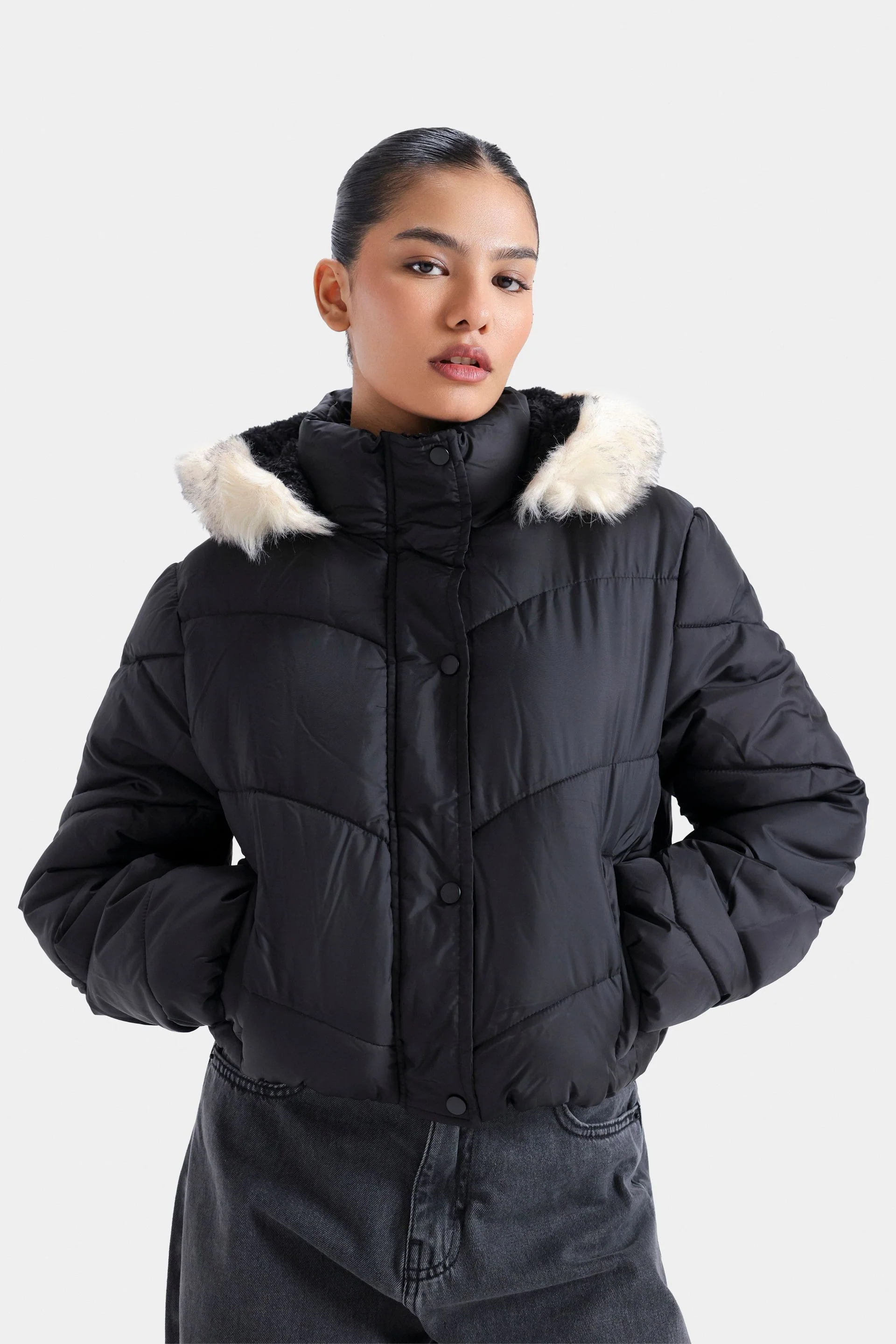 Quilted Puffer Jacket With Fur Hood - Image 2