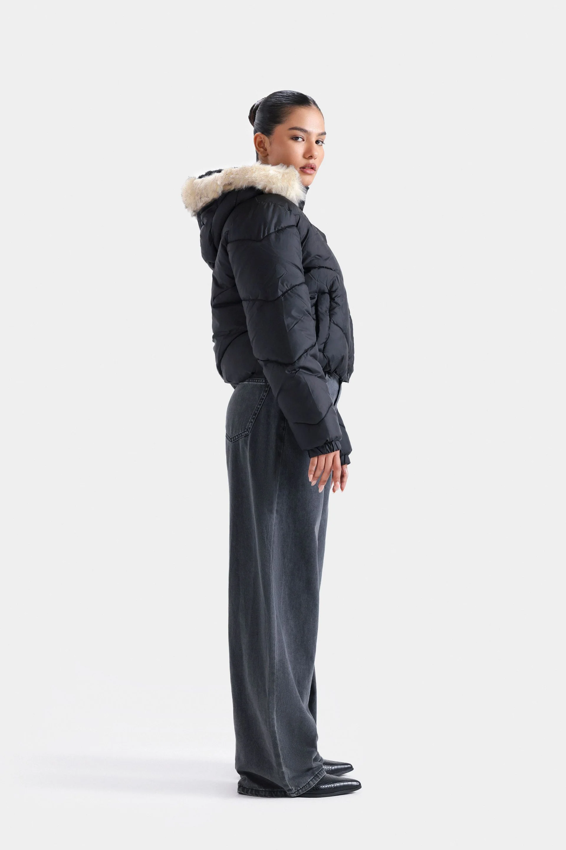Quilted Puffer Jacket With Fur Hood - Image 3