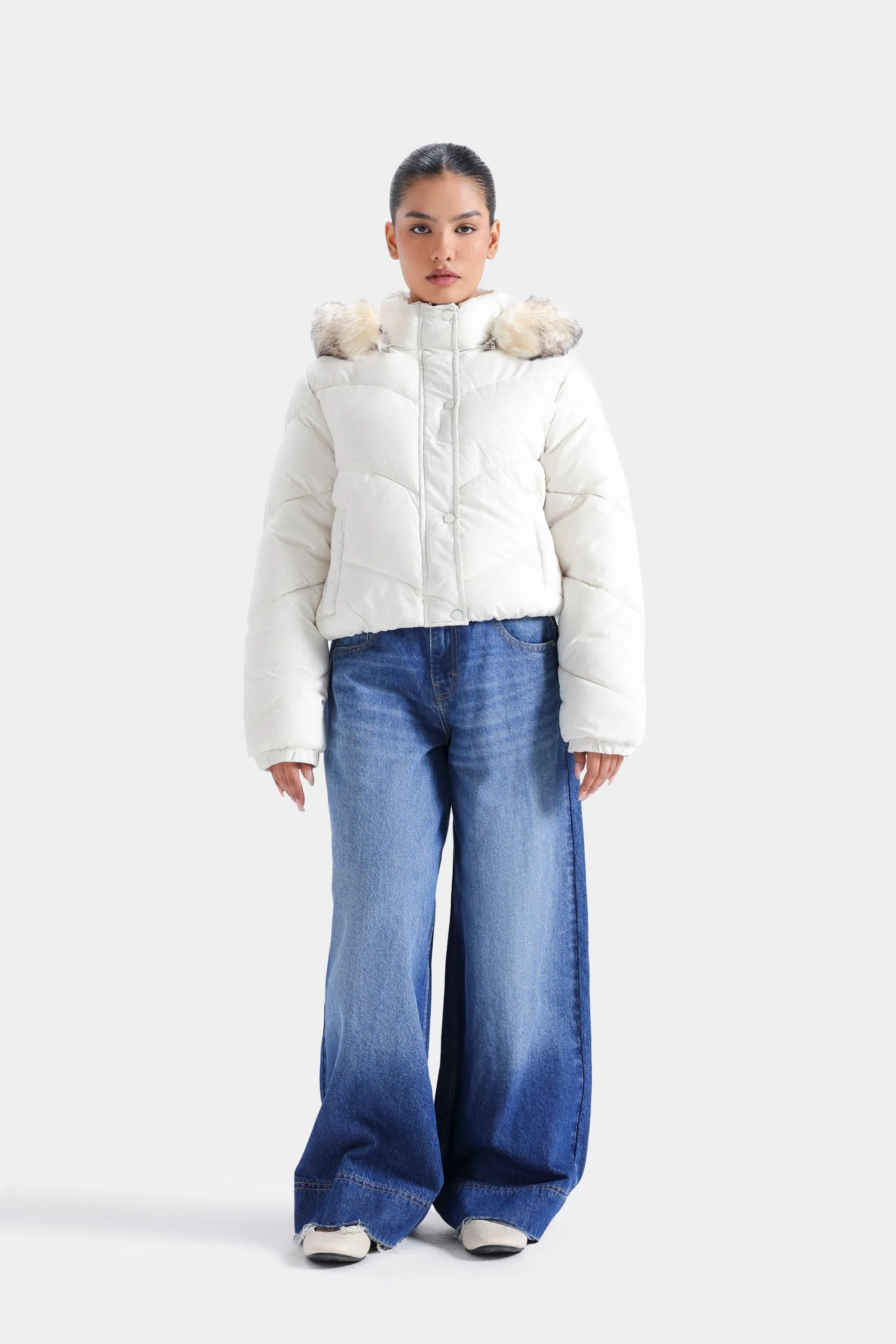 Quilted Puffer Jacket With Fur Hood - Image 8