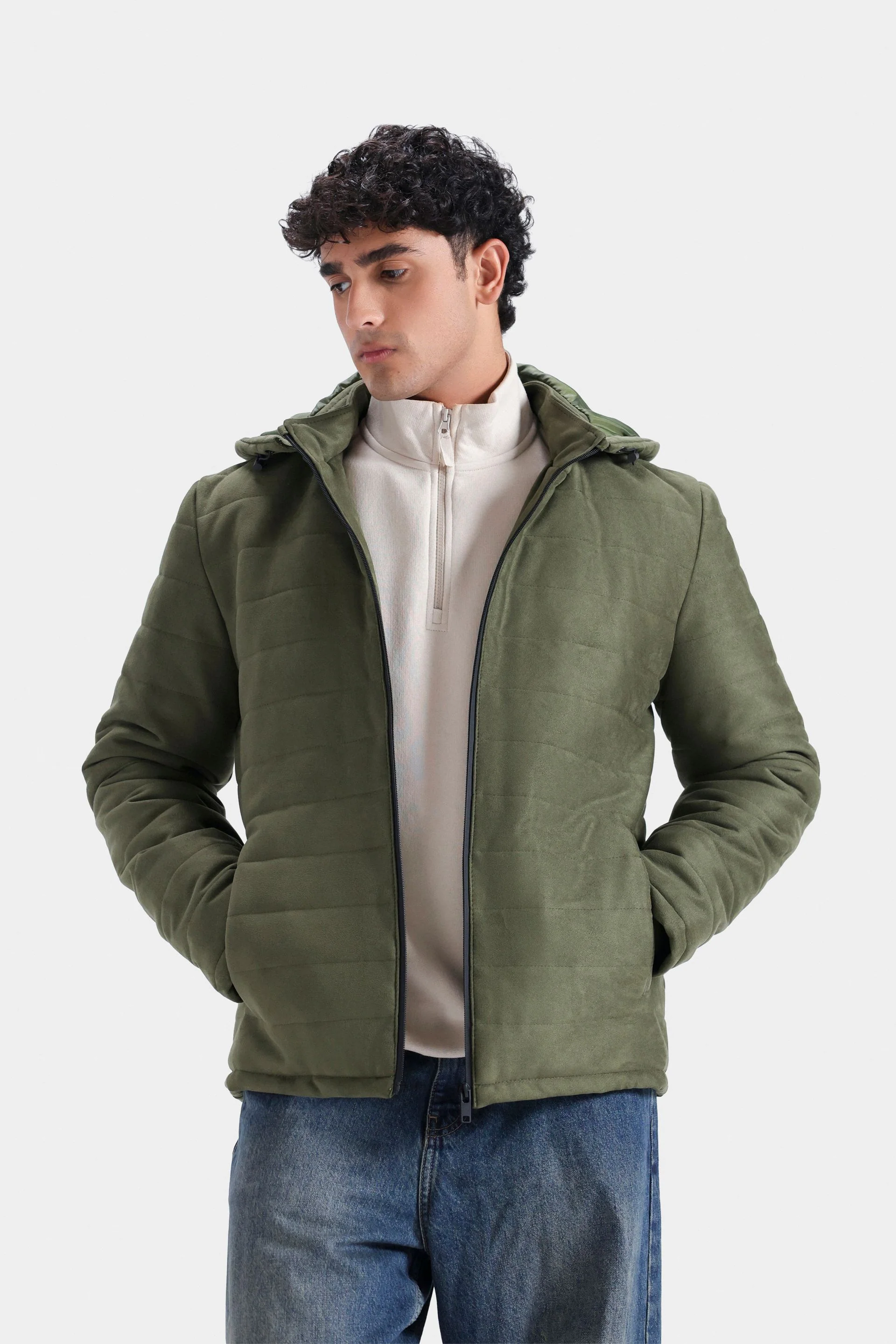 Suede Quilted Jacket With Hood - Image 9